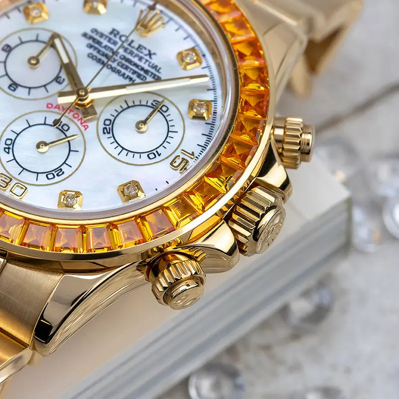 Rolex Daytona 18ct Yellow Gold with Custom Orange Bezel & MOP Dial: Bezel View