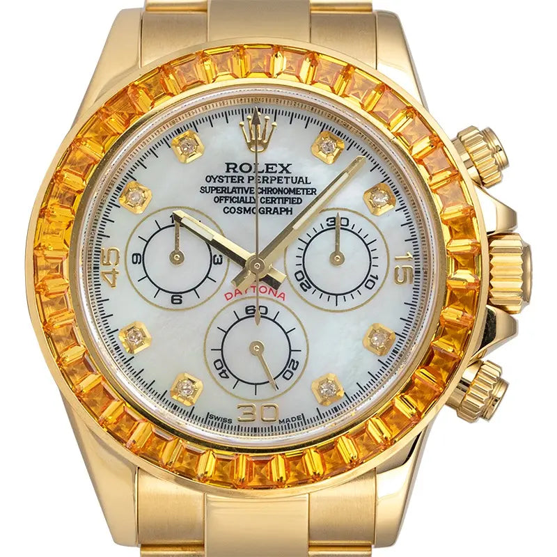 Close up - Rolex Daytona 18ct Yellow Gold with Custom Orange Bezel & MOP Dial
