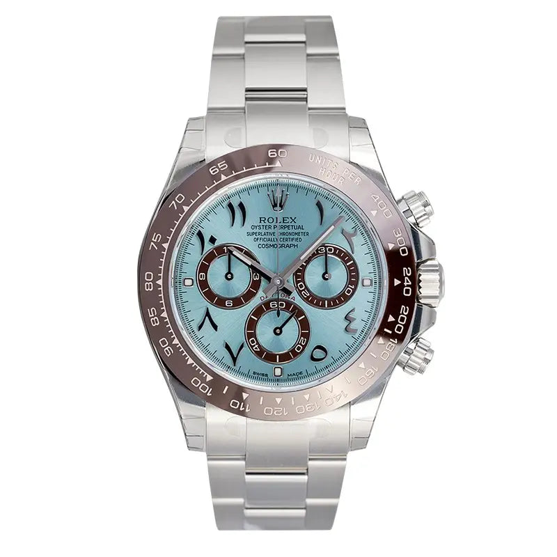 Full view of the Rolex Daytona watch in Platinum with Ice-Blue/Arabic Dial reference 116506.