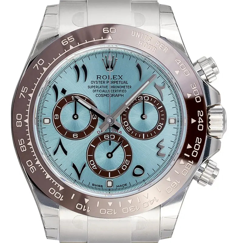 Close up of Rolex Daytona watch in Platinum with Ice-Blue/Arabic Dial reference 116506