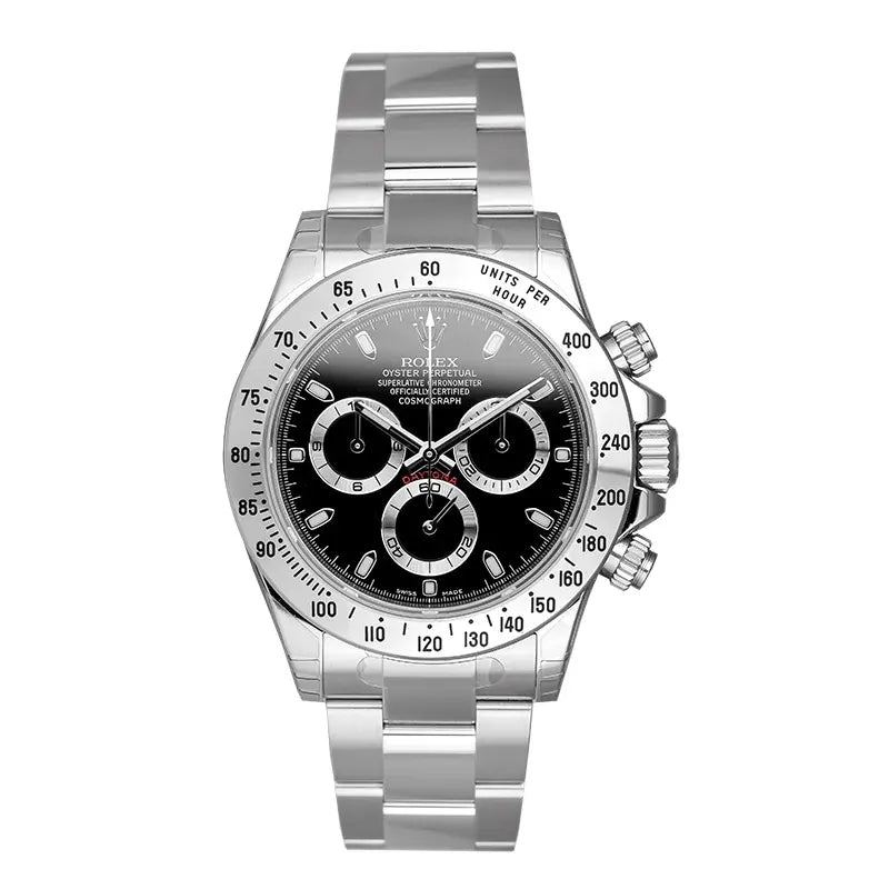 Full view of the Rolex Daytona Stainless Steel Black Dial reference 116520 with oyster bracelet.