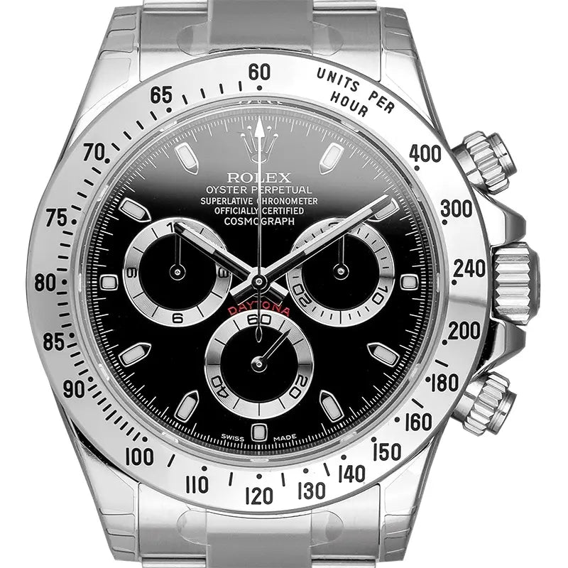 Close up of the Rolex Daytona Stainless Steel Black Dial reference 116520 Watch