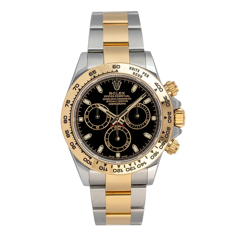Full view of Daytona 116503 steel/gold metal with black/index dial
