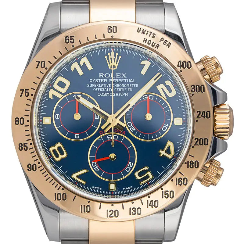 Close up - Rolex Daytona Steel and Yellow Gold Blue Dial 116523