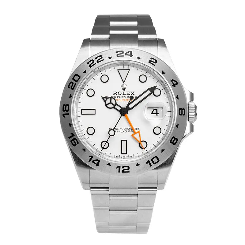 Full view of the Rolex Explorer II 226570 with white dial and stainless steel bracelet.