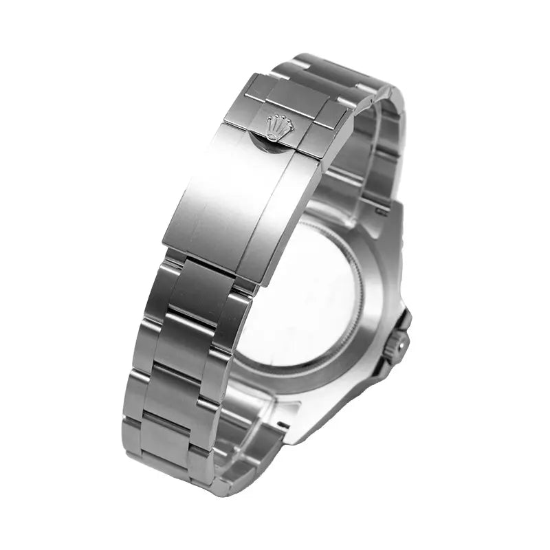 Clasp and case back view of the Rolex Explorer II 226570 with white dial and stainless steel bracelet.