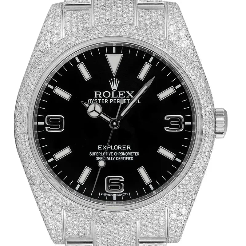 Close up - Rolex Explorer Steel custom Diamond Set 214270