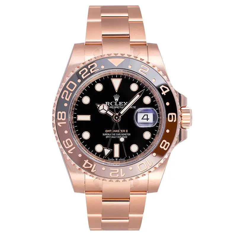 Full view of the Rolex GMT-Master II watch in 18ct Everose Gold with black dial and black brown bezel reference 126715CHNR.