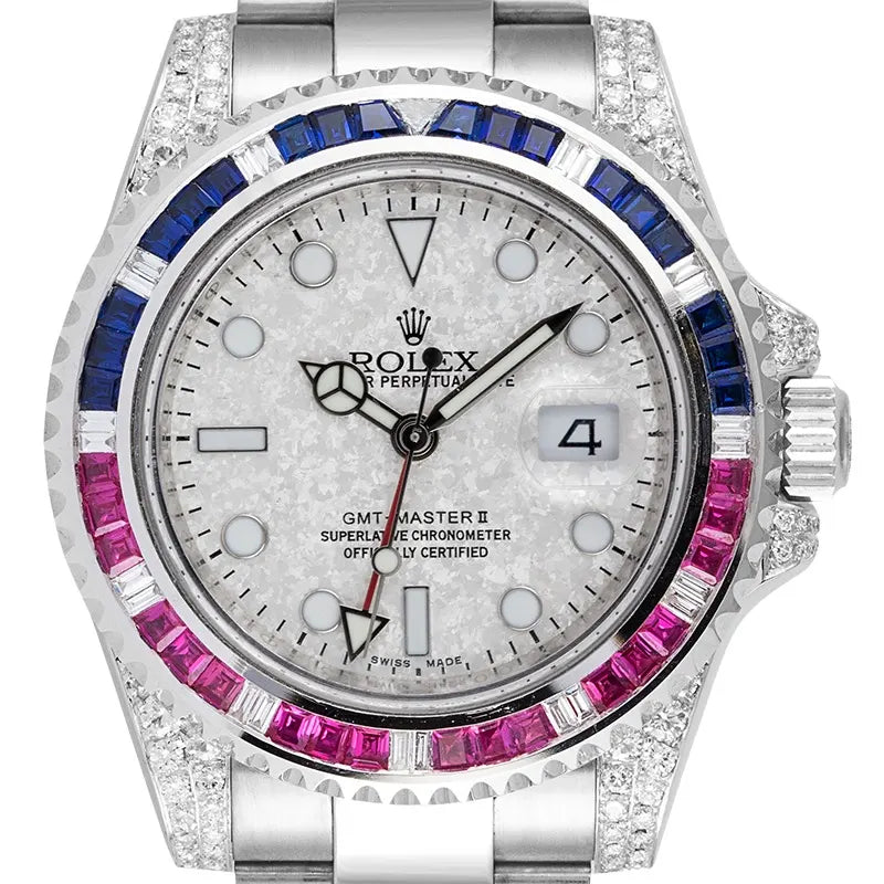 Close Up - Rolex GMT-Master II 18ct White Gold with Custom Pepsi Bezel & Meteorite Dial 116719BLRO