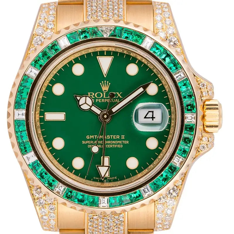 Close up - Rolex GMT-Master II 18ct Yellow Gold Custom Diamond Set 116718LN
