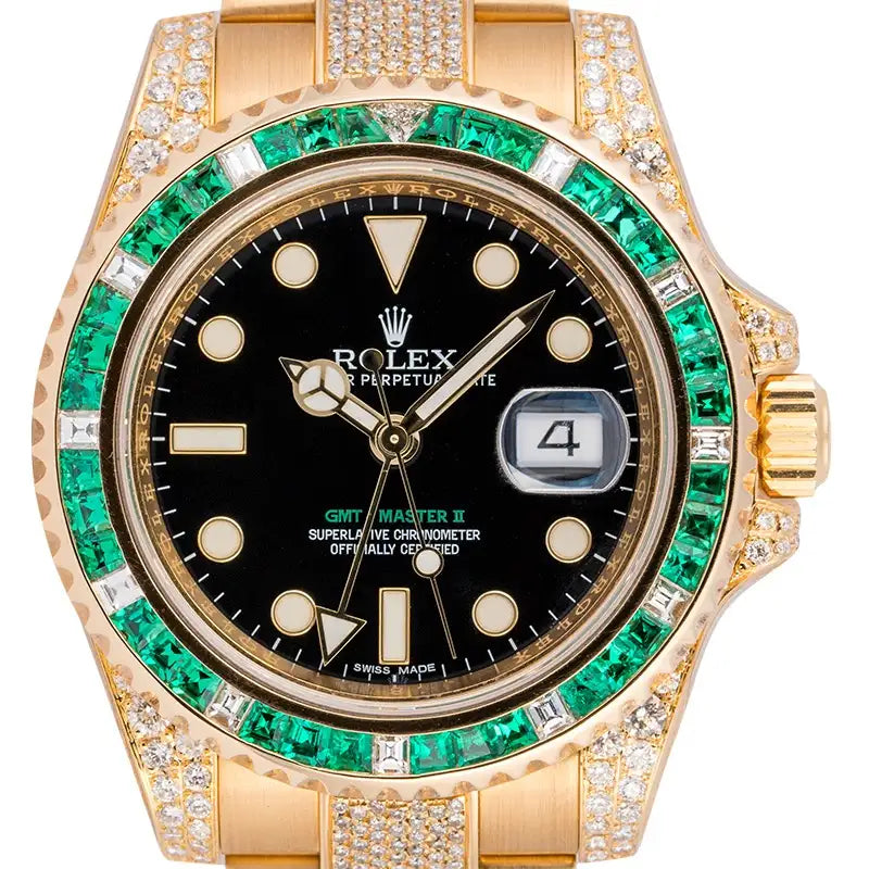 Close up - Rolex GMT-Master II 18ct Yellow Gold Custom Diamond Set 116718LN