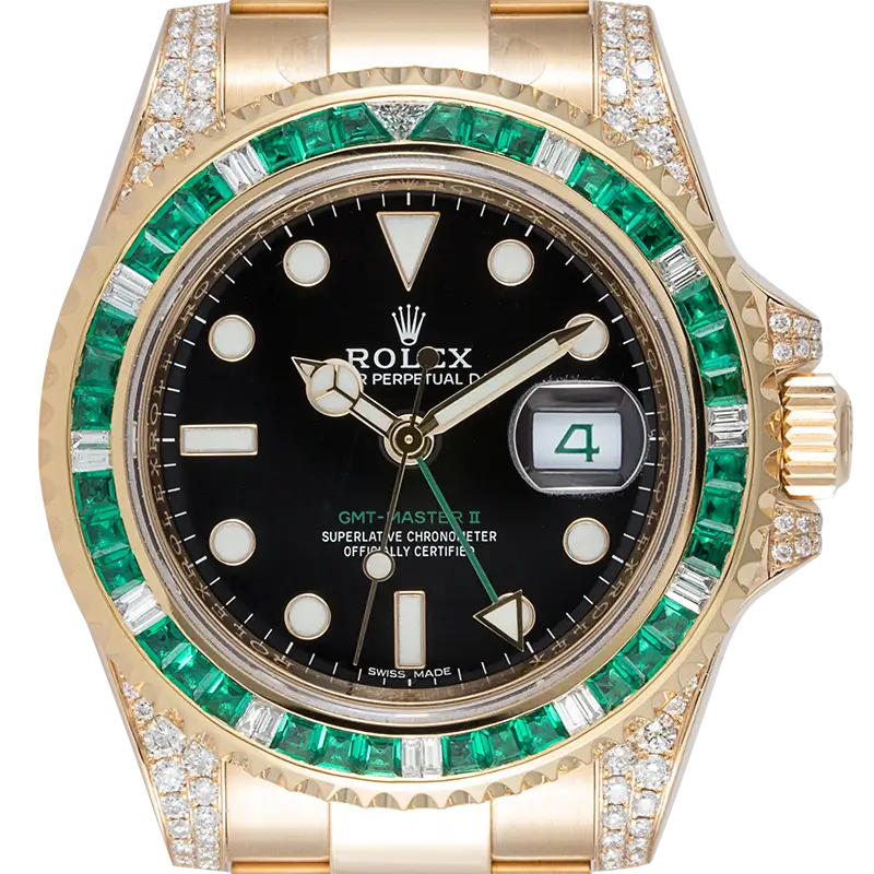 Close up - Rolex GMT-Master II 18ct Yellow Gold Diamond Set with Custom Green Emerald Bezel 116718LN