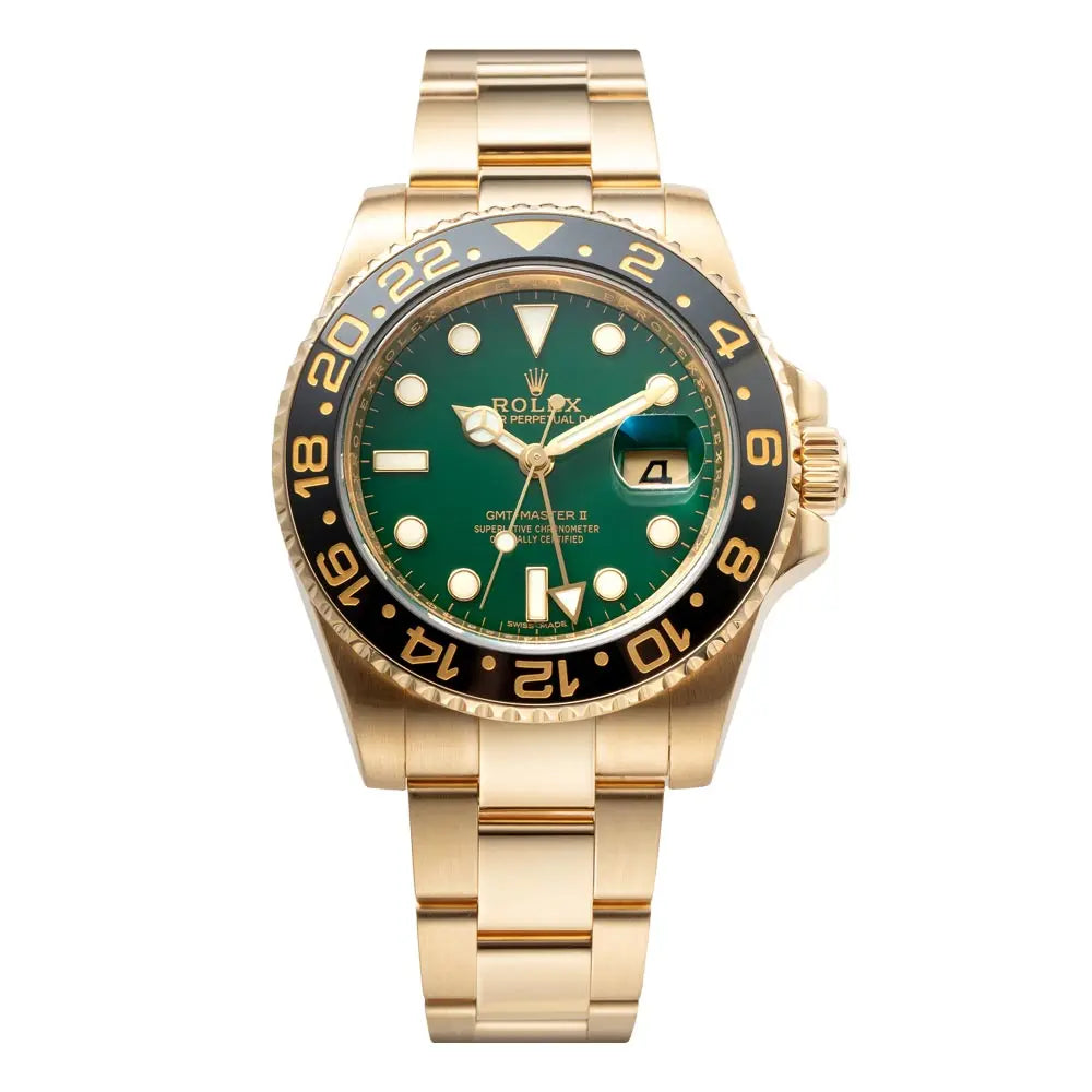 Full view of the Rolex GMT-Master II in 18ct Yellow Gold with a Green Dial ref. 116718LN