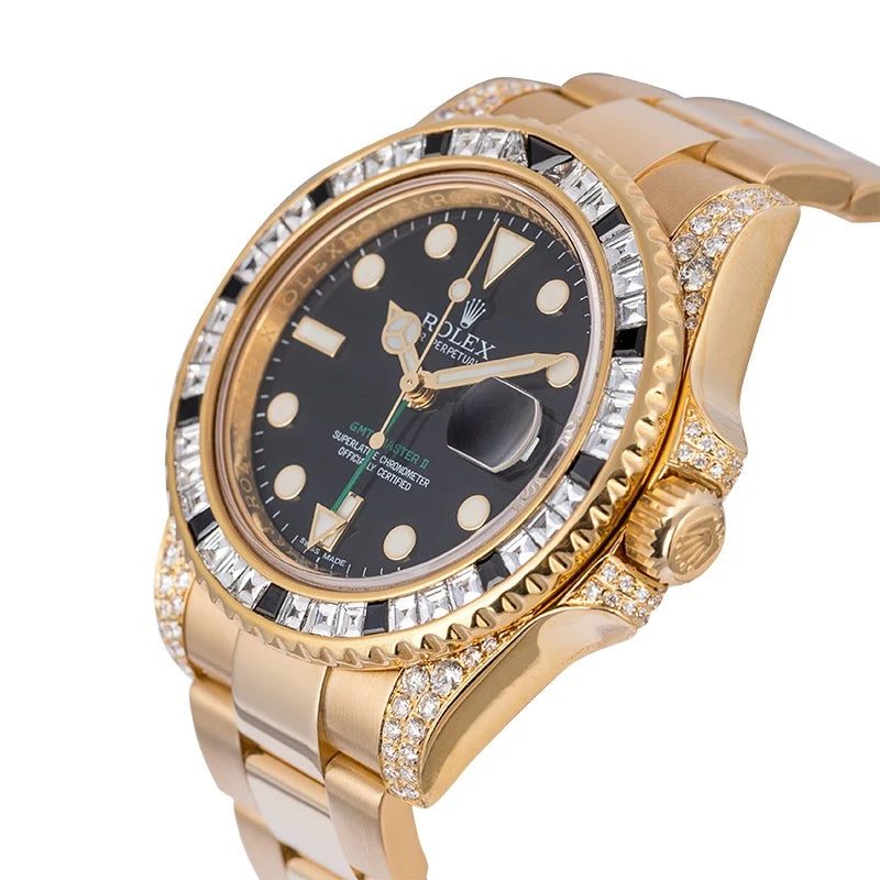 Side view - Rolex GMT-Master II 18ct Yellow Gold with Custom Diamond Bezel 116718LN