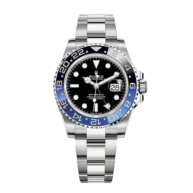 Full view of the Rolex GMT-Master II 126710BLNR with black dial, blue-black "Batman" bezel, and Oyster bracelet.