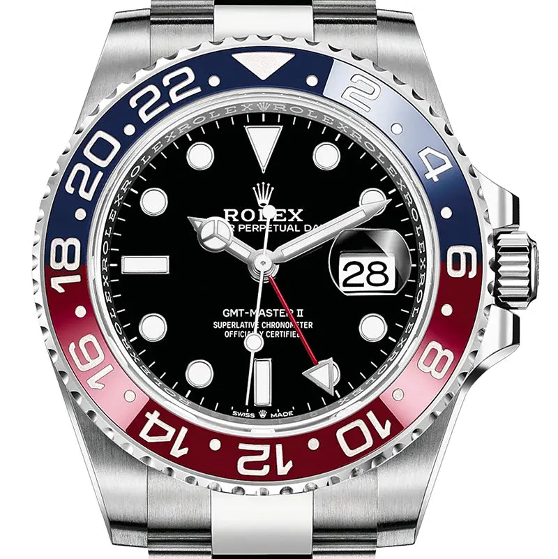 Close up of the Rolex GMT-Master II 126710BLRO with black dial, red-blue "Pepsi" bezel, and Oyster bracelet.