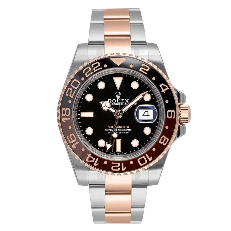 Full view of the Rolex GMT-Master II watch reference 126711CHNR in Oystersteel and 18ct Everose Gold with black dial.
