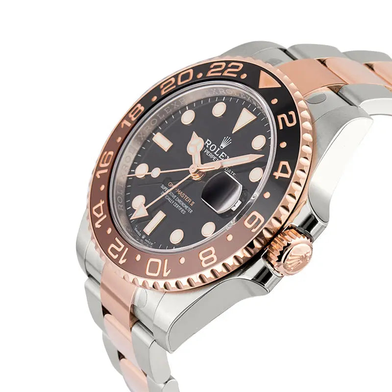 Crown side view of the Rolex GMT-Master II watch reference 126711CHNR in Oystersteel and 18ct Everose Gold with black dial.