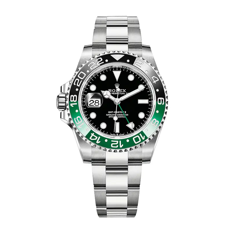 Full view of the Rolex GMT-Master II 126720VTNR in steel with black dial, green "Sprite" bezel, and Oyster bracelet.