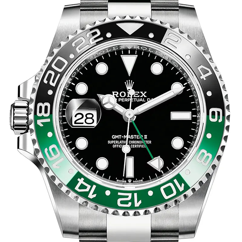 Close up of the Rolex GMT-Master II 126720VTNR in steel with black dial, green "Sprite" bezel, and Oyster bracelet.