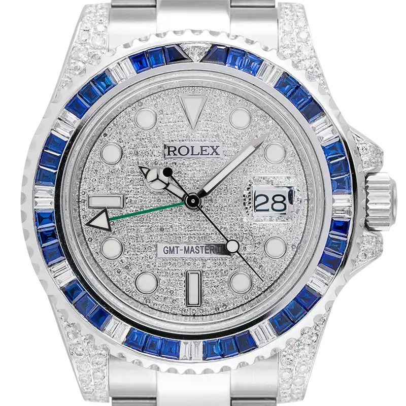 Close up - Rolex GMT-Master II Stainless Steel Diamond Set Blue Custom Bezel PavE Dial 116710LN