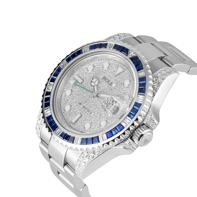 Side view - Rolex GMT-Master II Stainless Steel Diamond Set Blue Custom Bezel PavE Dial 116710LN