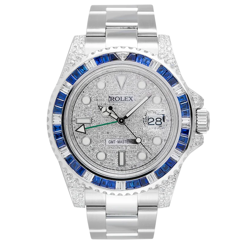 Full view - Rolex GMT-Master II Stainless Steel Diamond Set Blue Custom Bezel PavE Dial 116710LN