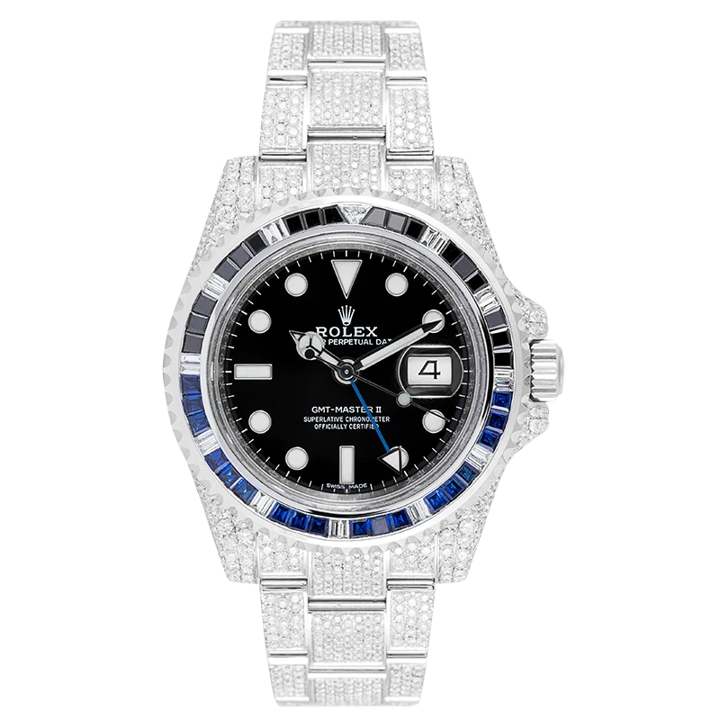 Full view - Rolex GMT-Master II Stainless Steel Micro Diamond Set with Custom Black/Blue Bezel