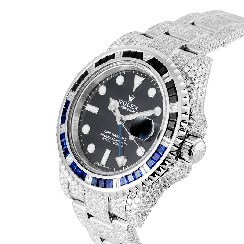 Side view - Rolex GMT-Master II Stainless Steel Micro Diamond Set with Custom Black/Blue Bezel