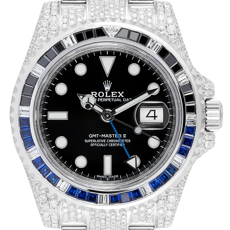 Close up - Rolex GMT-Master II Stainless Steel Micro Diamond Set with Custom Black/Blue Bezel