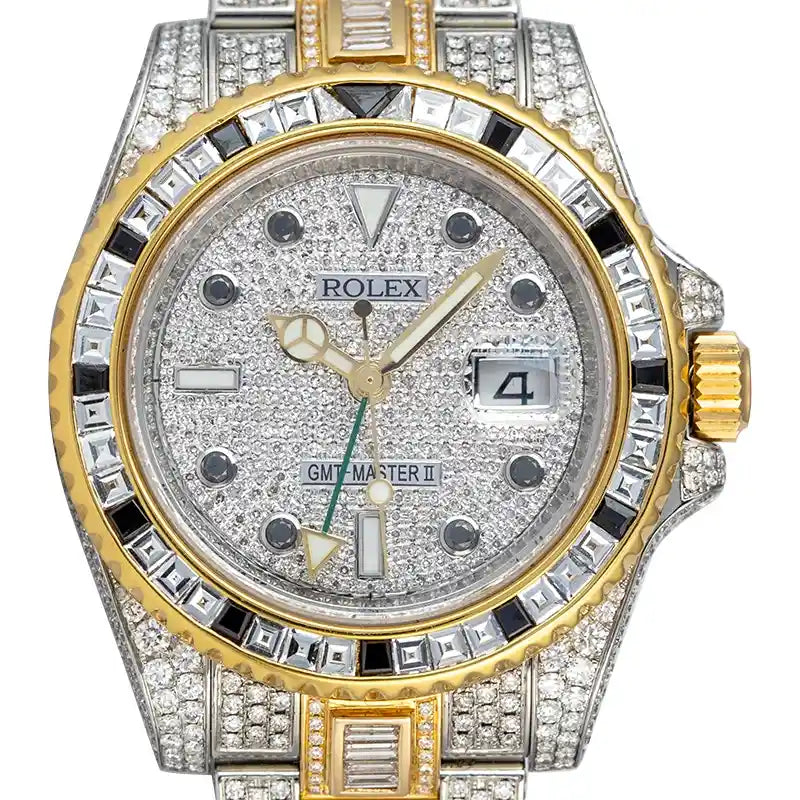 Close up - Rolex GMT-Master II Steel and Yellow Gold Custom Diamond Set 116713LN