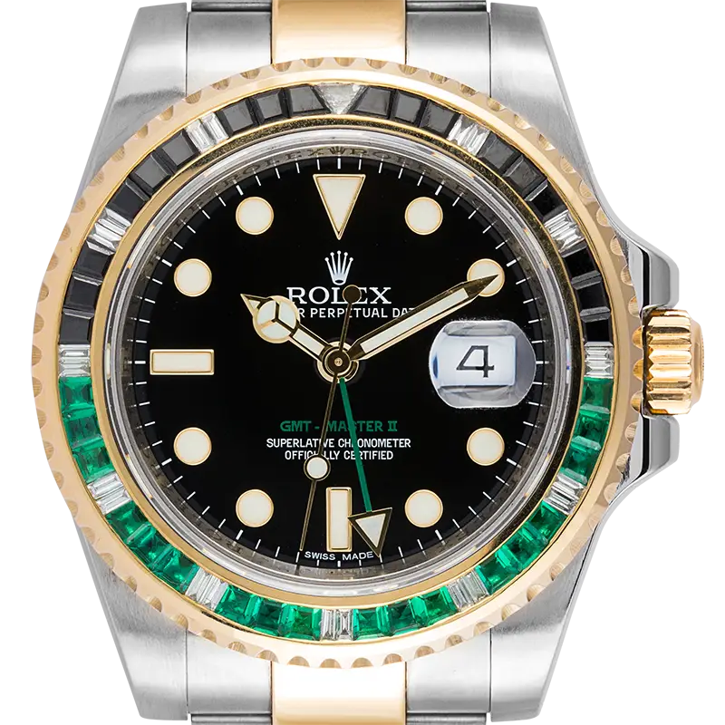 Close of Rolex GMT-Master II Steel and Yellow Gold with custom Black/Green bezel 116713LN