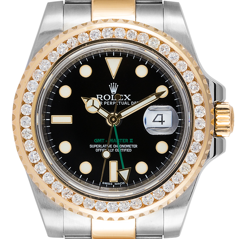 Close up - Rolex GMT-Master II Steel/Gold 116713LN Custom Diamond Bezel