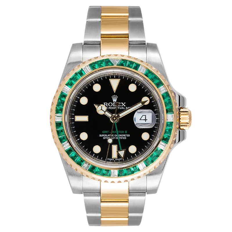 Full view - Rolex GMT-Master II Steel & Yellow Gold with custom Green Emerald bezel 116713LN