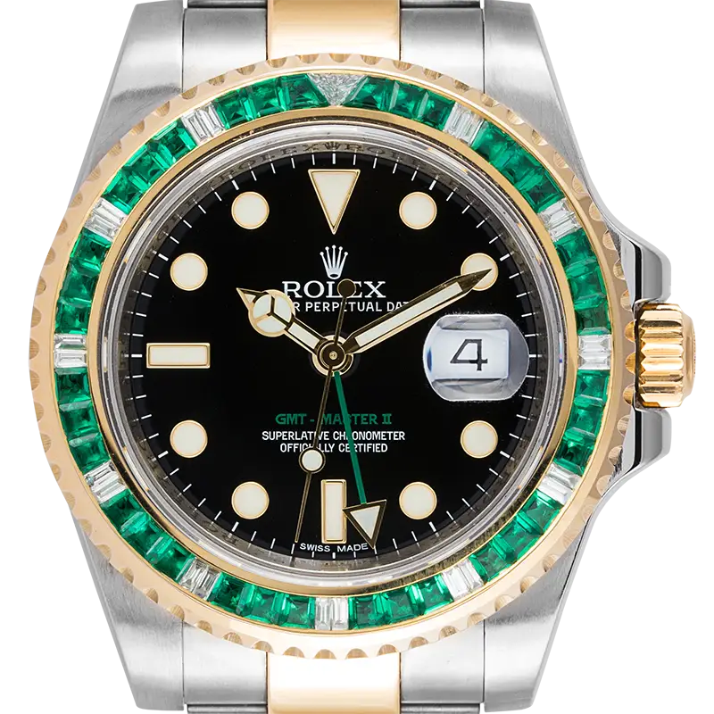 Close up - Rolex GMT-Master II Steel & Yellow Gold with custom Green Emerald bezel 116713LN