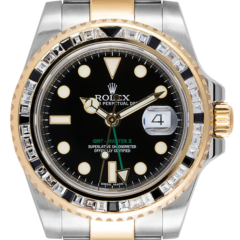 Close up - Rolex GMT-Master II Steel & Yellow Gold with custom White/Black bezel 116713LN