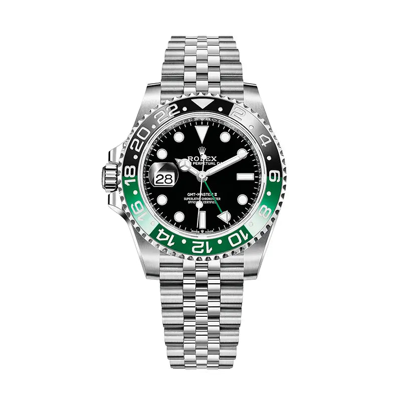 Full view of the Rolex GMT-Master II reference 126720VTNR, also known as the 'Sprite,' in stainless steel, featuring a black dial, black and green bezel, and Jubilee bracelet.