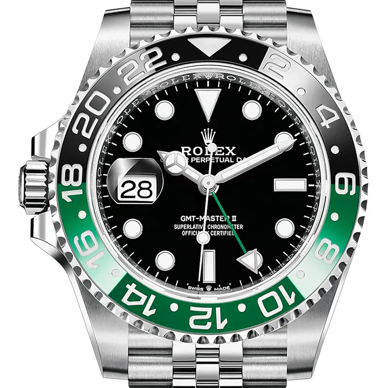 Close-up of the Rolex GMT-Master II reference 126720VTNR, also known as the 'Sprite,' in stainless steel, featuring a black dial, black and green bezel, and Jubilee bracelet.