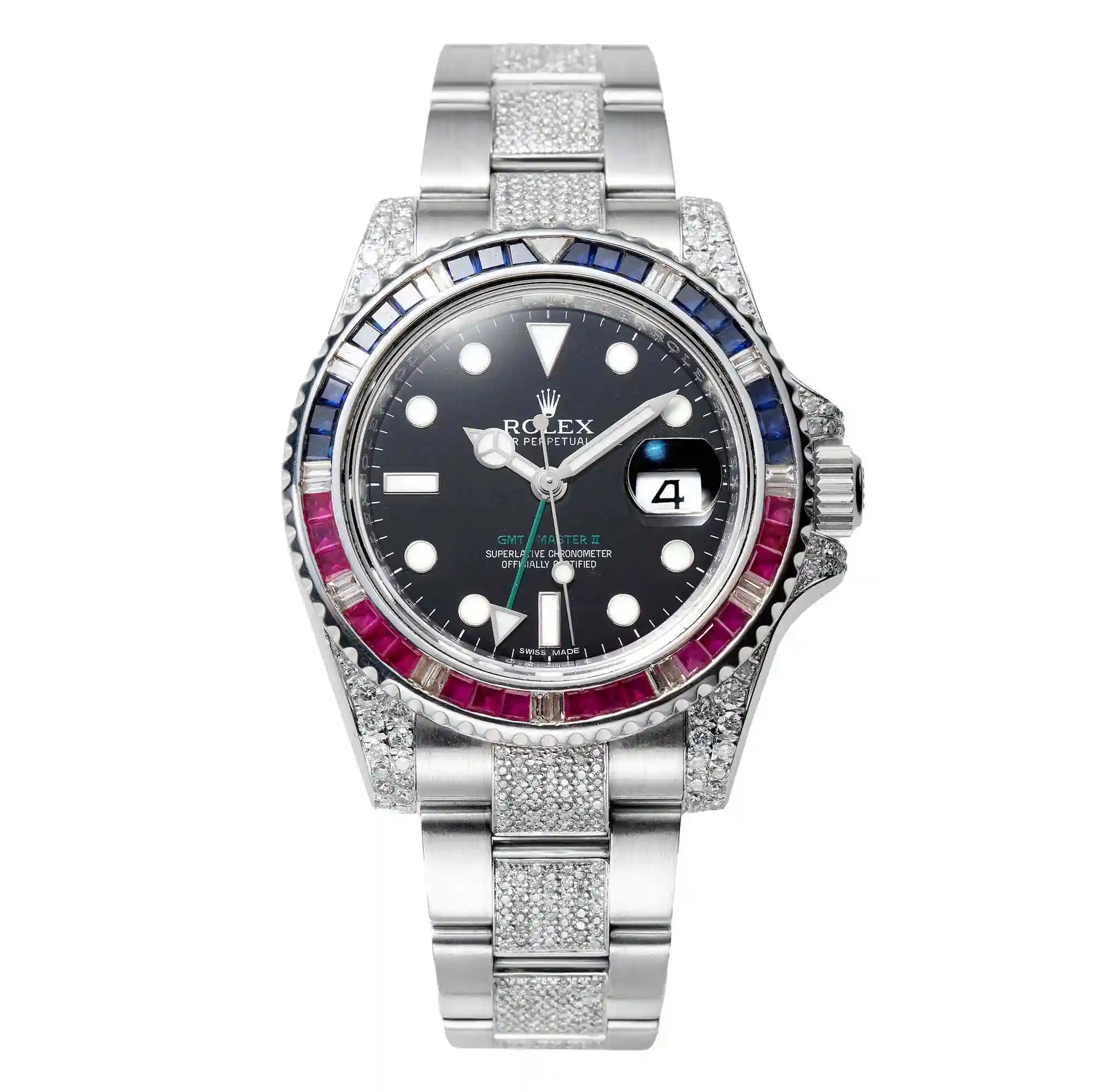 Full view - Rolex GMT-Master II Steel Custom Pepsi Bezel Diamond Set 116710LN