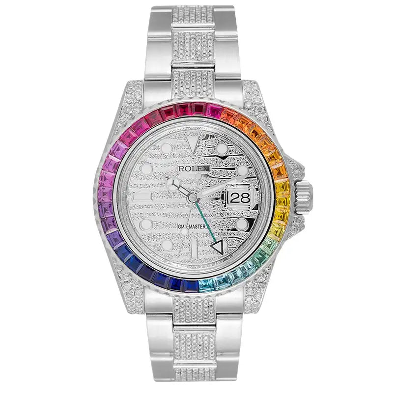 Full view - Rolex GMT-Master II Steel Diamond Set with custom Rainbow Bezel 116710LN