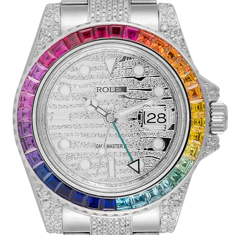 Close up - Rolex GMT-Master II Steel Diamond Set with custom Rainbow Bezel 116710LN