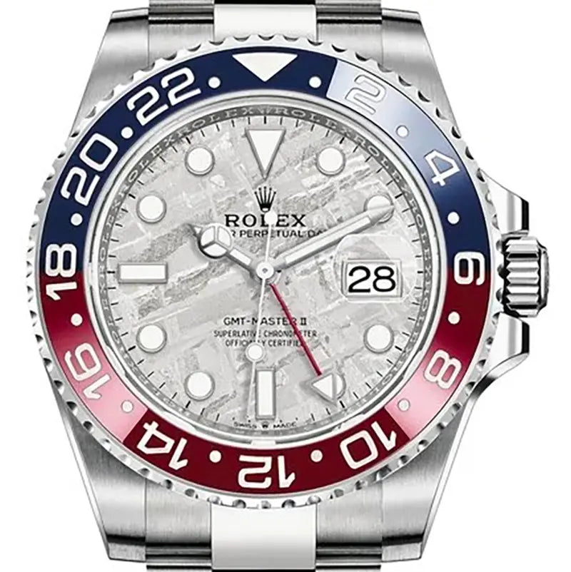 Close up of the Rolex GMT-Master II 126719BLRO in white gold with meteorite dial and blue-red "Pepsi" bezel.