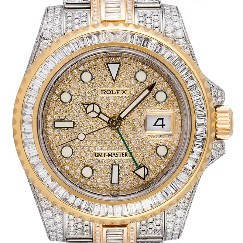 Close up - Rolex GMT-Master II Yellow Gold/Steel Diamond Set with Custom Bezel & Custom Dial 116713LN