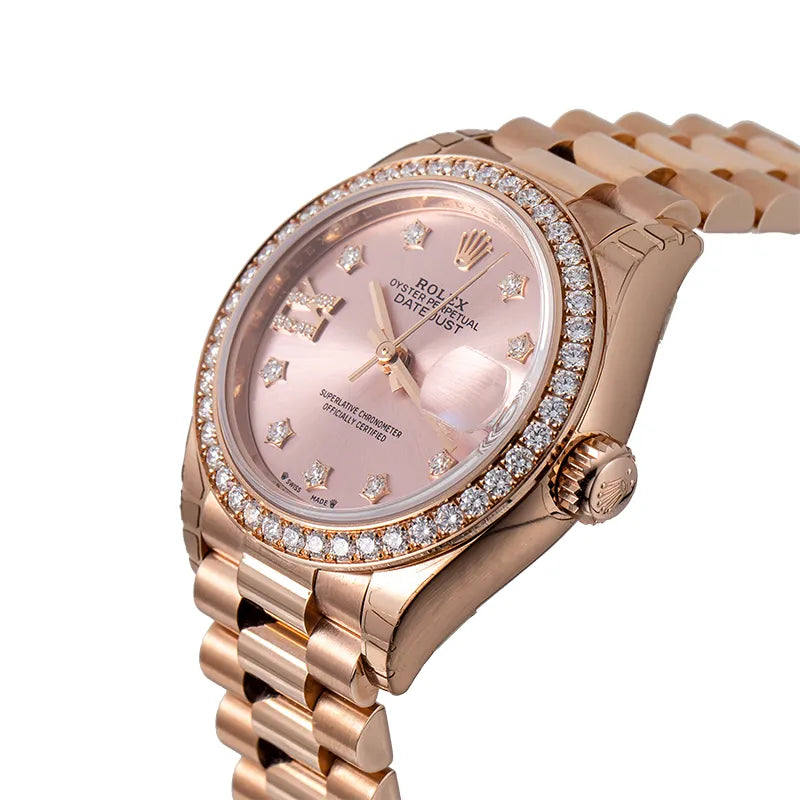Side view - Rolex Lady Datejust 28 Rose Gold Diamond IX Dial & Bezel President Bracelet 279135RBR
