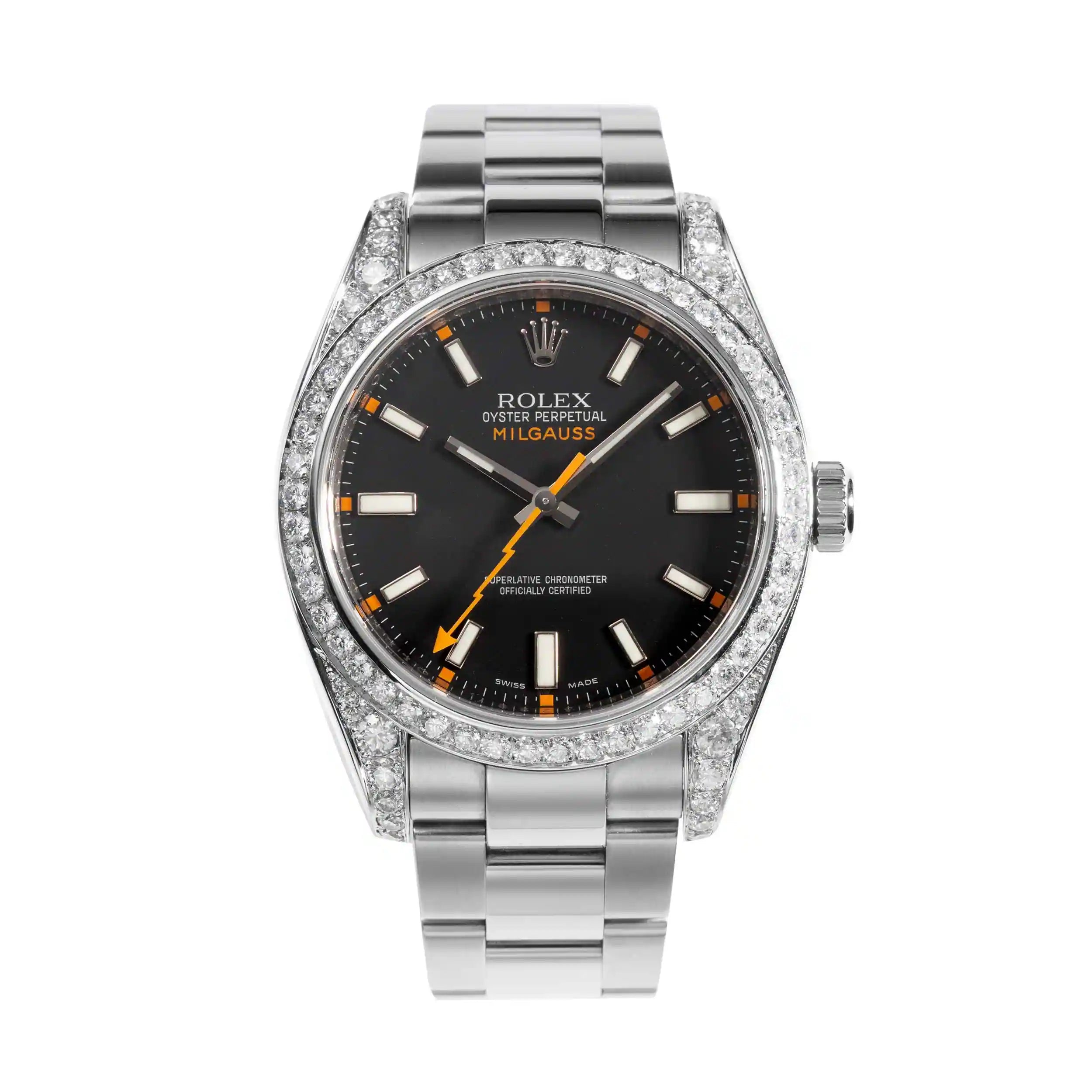Full view of the Milgauss 116400 in stainless steel, featuring a black dial, oyster bracelet and diamond lugs and diamond bezel
