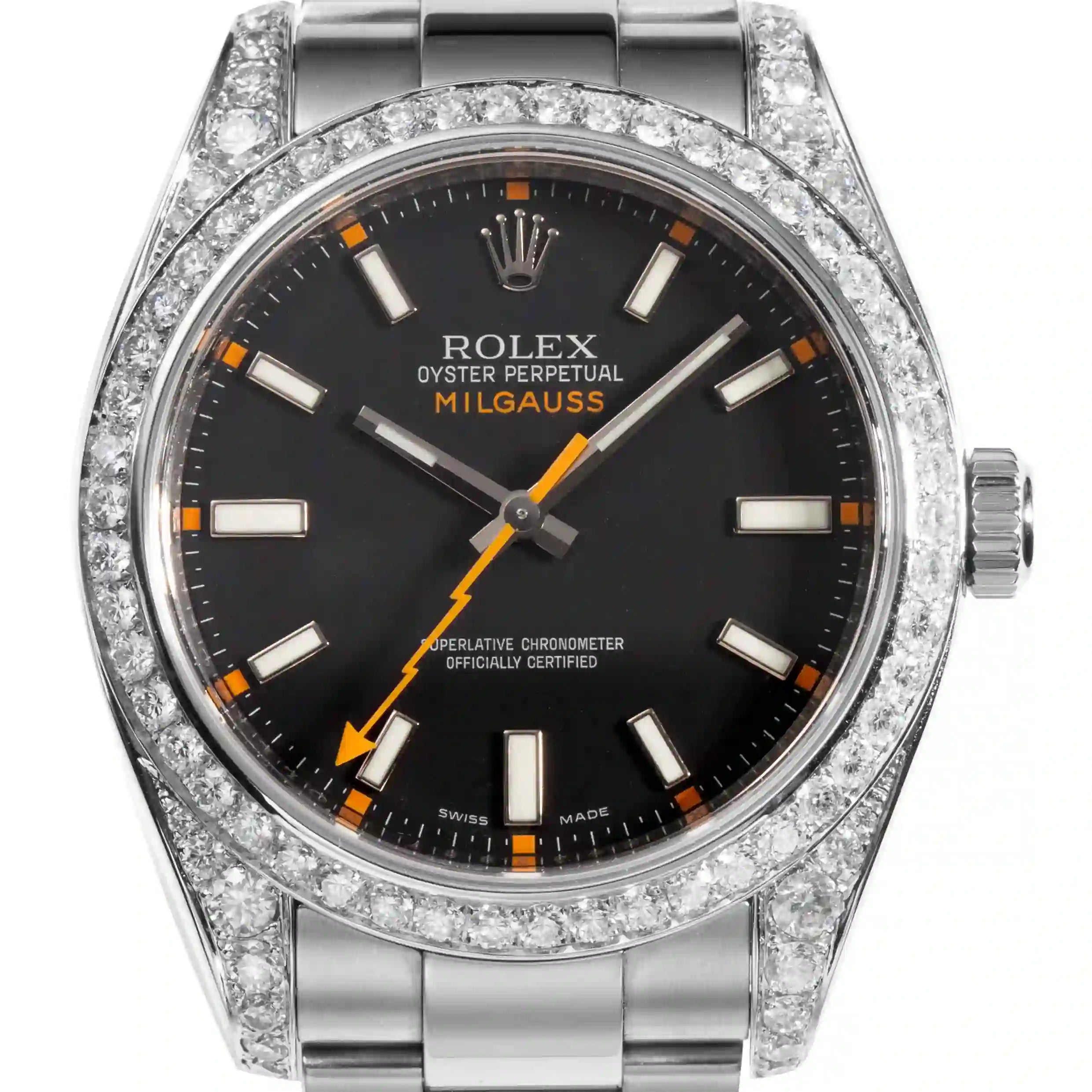 Close up of the Rolex Milgauss ref. 116400 in stainless steel with black and diamonds