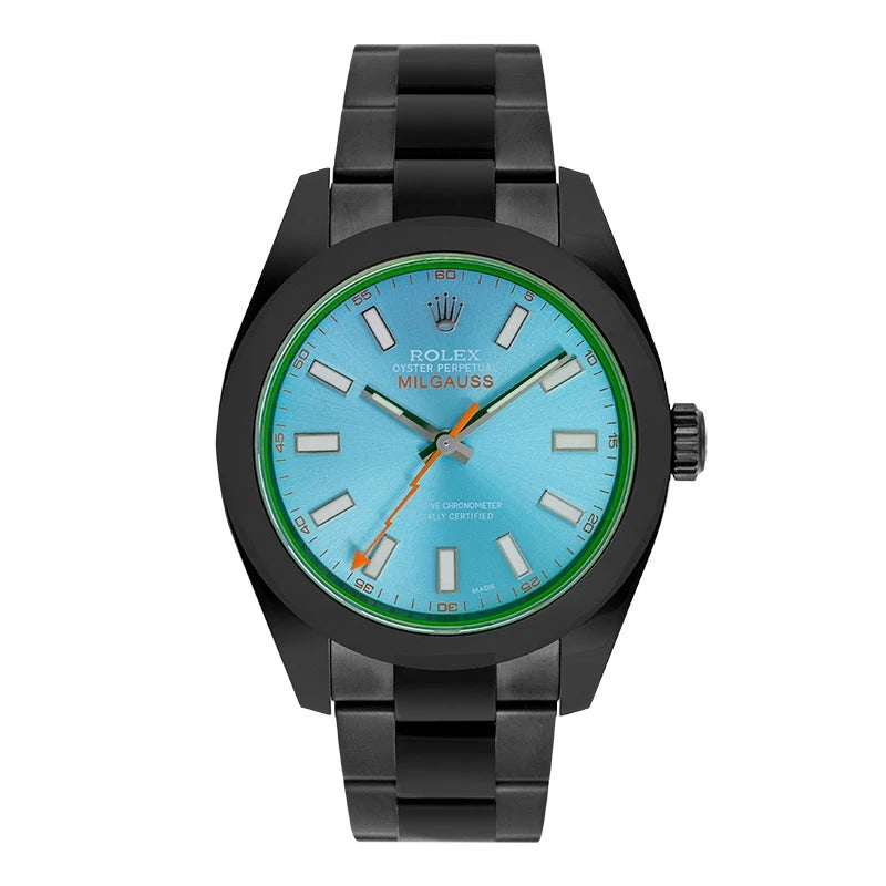 Full view - Rolex Milgauss 116400GV Custom Black PVD with custom blue dial