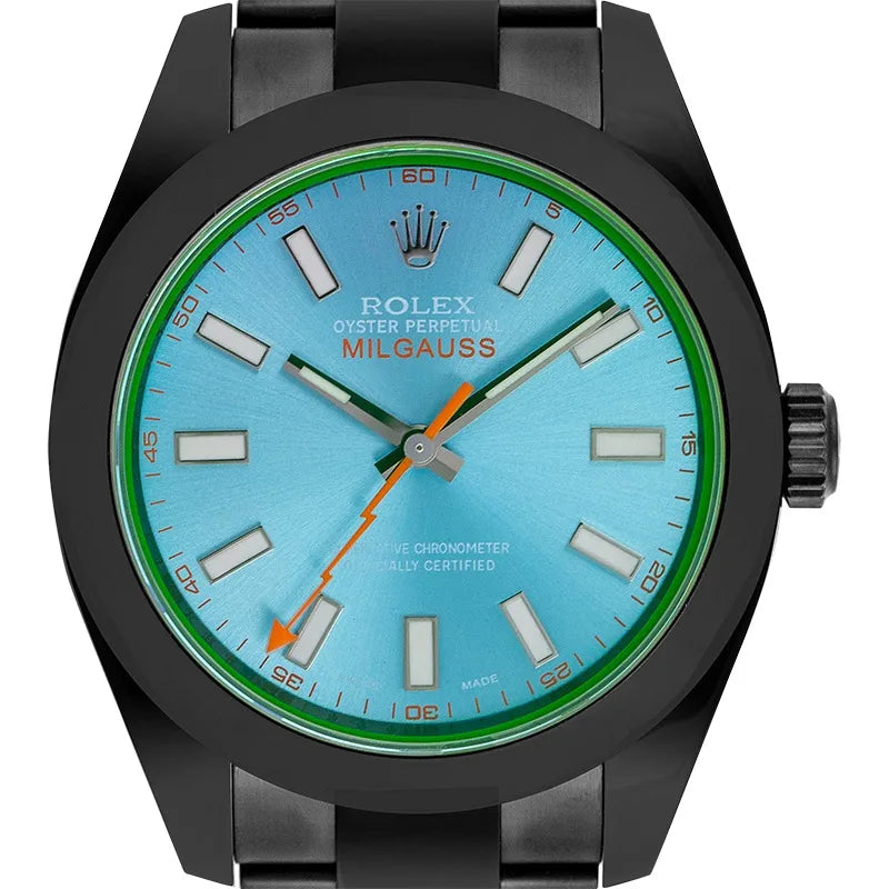 Close up - Rolex Milgauss 116400GV Custom Black PVD with custom blue dial