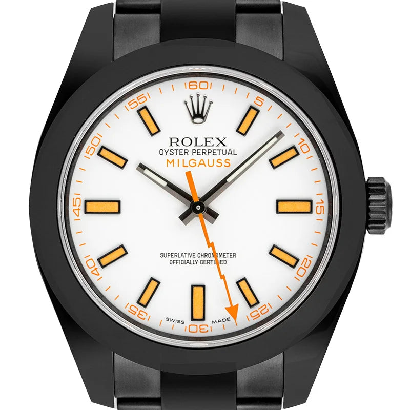 Close up - Rolex Milgauss Custom Black PVD with White Dial 116400