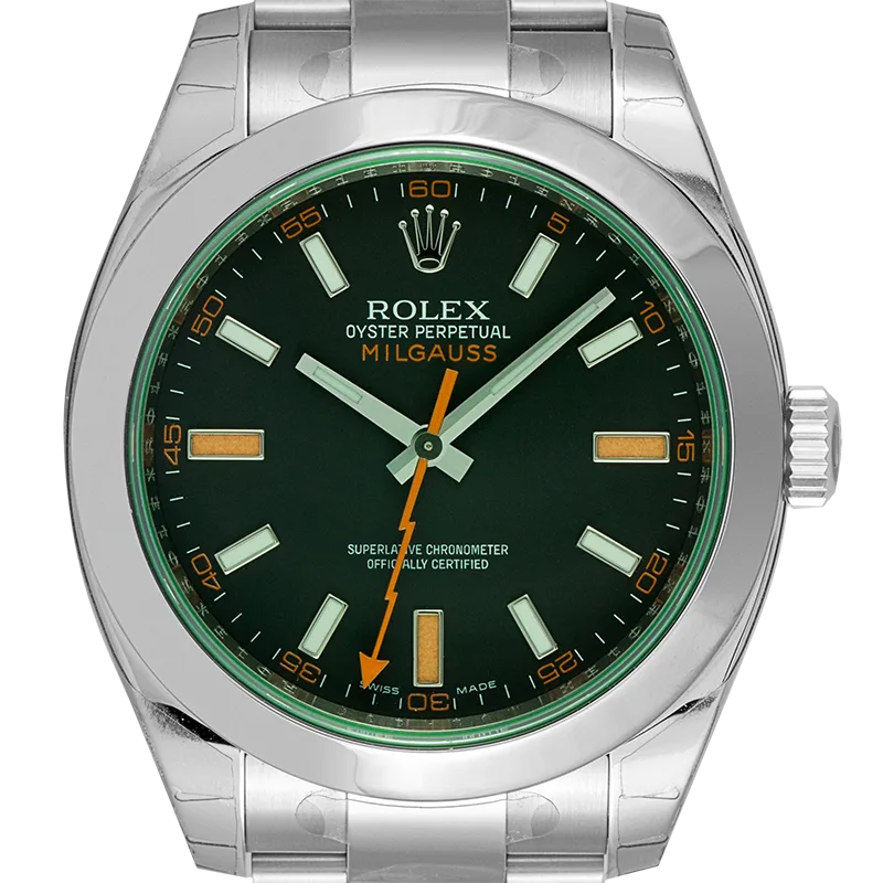 Close up - Rolex Milgauss Stainless Steel Black Dial Green Glass 116400GV